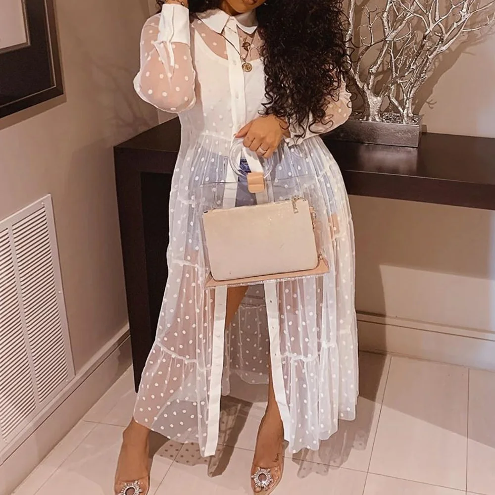 

Sun Dress Women Summer See Through White Sunscreen Cover Long Sleeves Mesh Polka Dots Hollow Out Sand Beach Holiday Dress