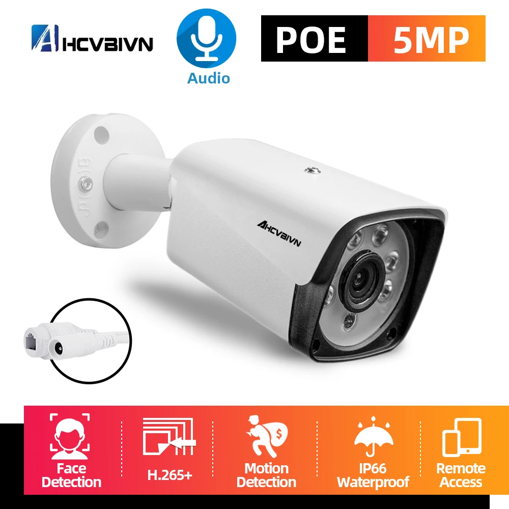 

H.265 5 Мп POE IP-камера 5 Мп цилиндрическая IP-камера видеонаблюдения для системы POE NVR Водонепроницаемая наружная камера ночного видения