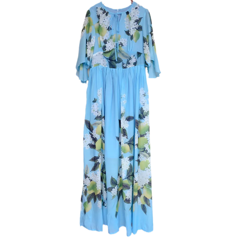 2021 spring summer blue beach ankle long dress silk high-quality long-sleeved flower elegant long dress seaside holiday party dr