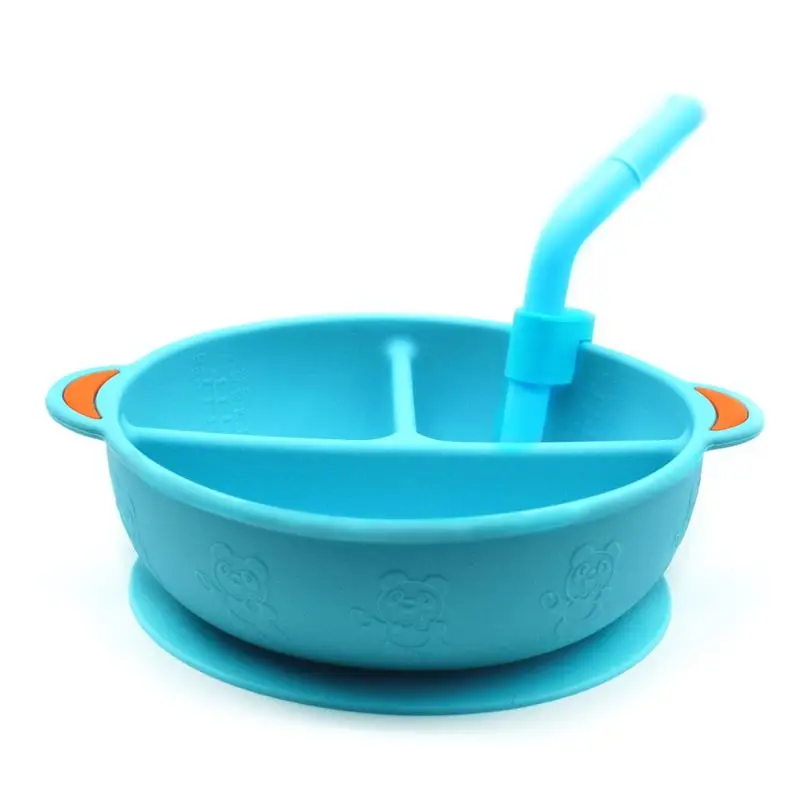 

Baby Plate Divided Food Bowl with Straw Portable 3 Grid Silicone Dish Tableware