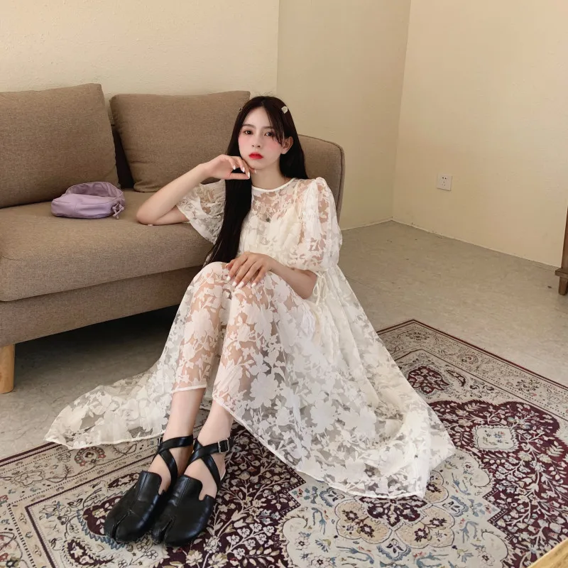 

Summer New Fairy Round Neck Lace Pattern Lace Up Bubble Sleeve Dress + Versatile Fashion Elegant Suspender Skirt Two Piece Set
