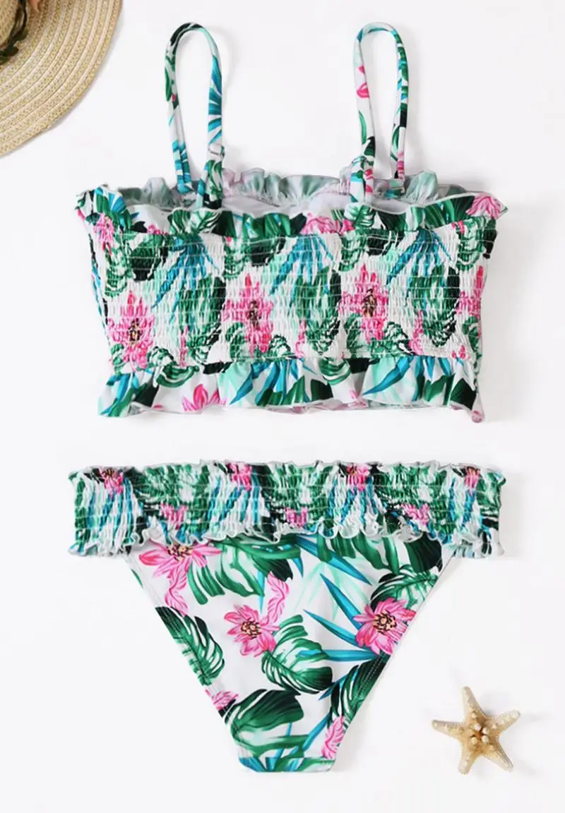 

Fashion Women Swimwear Two Piece Bikini Set High Waist Printed Floral Lace Edge Bathing Swimming Suits Beachwear