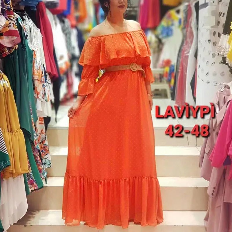 

Women Half Sleeve Dot Lace Ruffle Design Maxi Elegant Dress