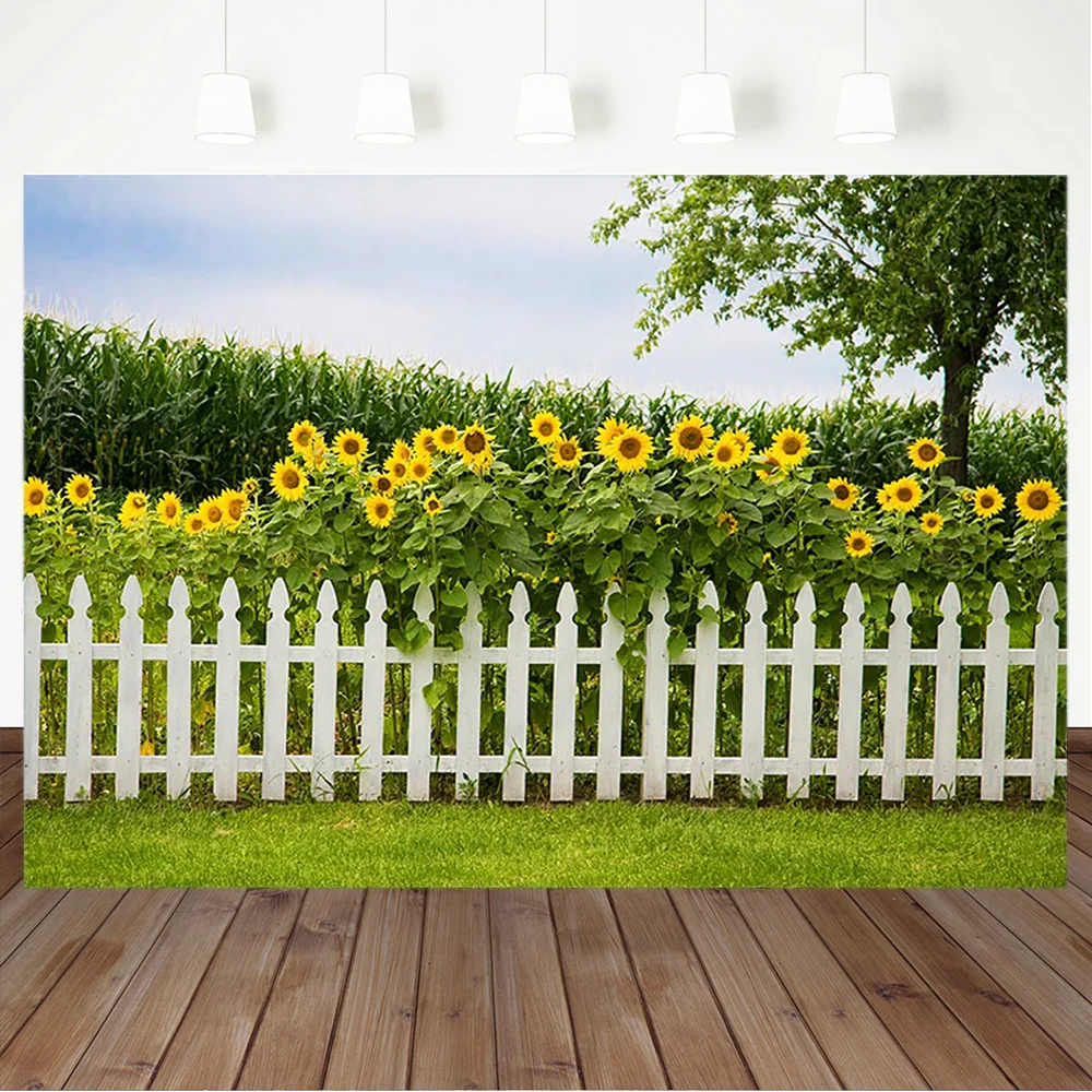 Весенние фоны для фотосъемки с зеленым полем Подсолнух белый забор реквизит дня