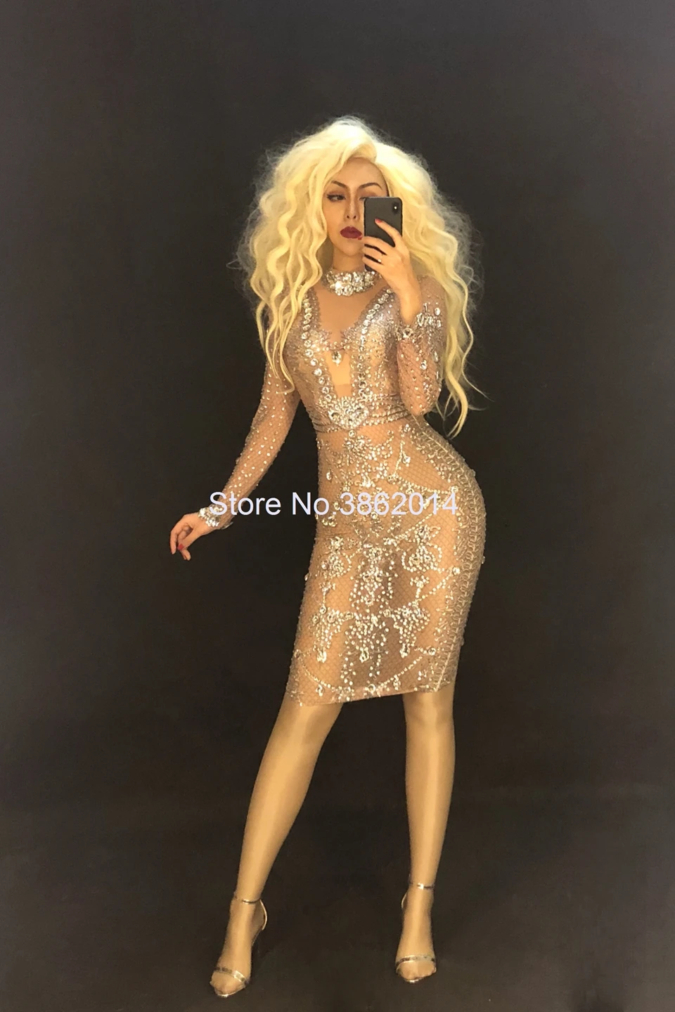 Sparkly Silver Crystals Mesh Dress Women Evening Birthday Prom Party Dresses Sexy Club Outfit Singer Stage Performance Costume |