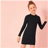 SHEIN Kiddie/черное трикотажное платье в рубчик с воротником-стойкой для девочек; Повседневное платье для девочек; осень г.; обтягивающие детские мини-платья с длинными рукавами