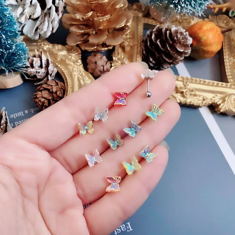 

Single Butterfly Titanium Earrings Colorful Aurora Rotating Ball Earrings Exquisite Super Fairy Temperament Acrylic Earrings