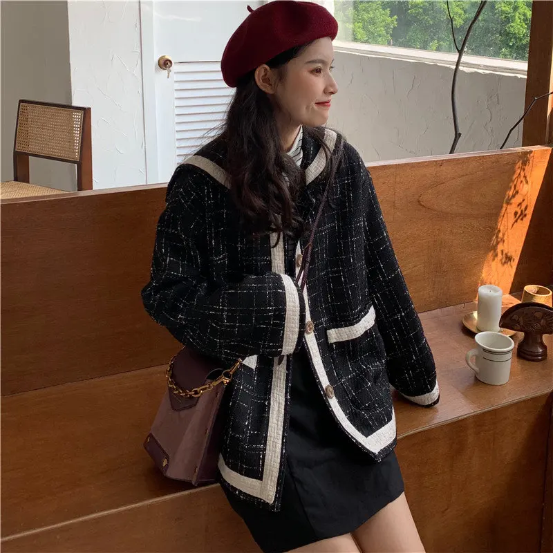 

HziriP All-Match Elegant Plaid Sailor Collar Casual Autumn 2019 New Female Loose High Quality Outerwear Stylish Chic Women Coat