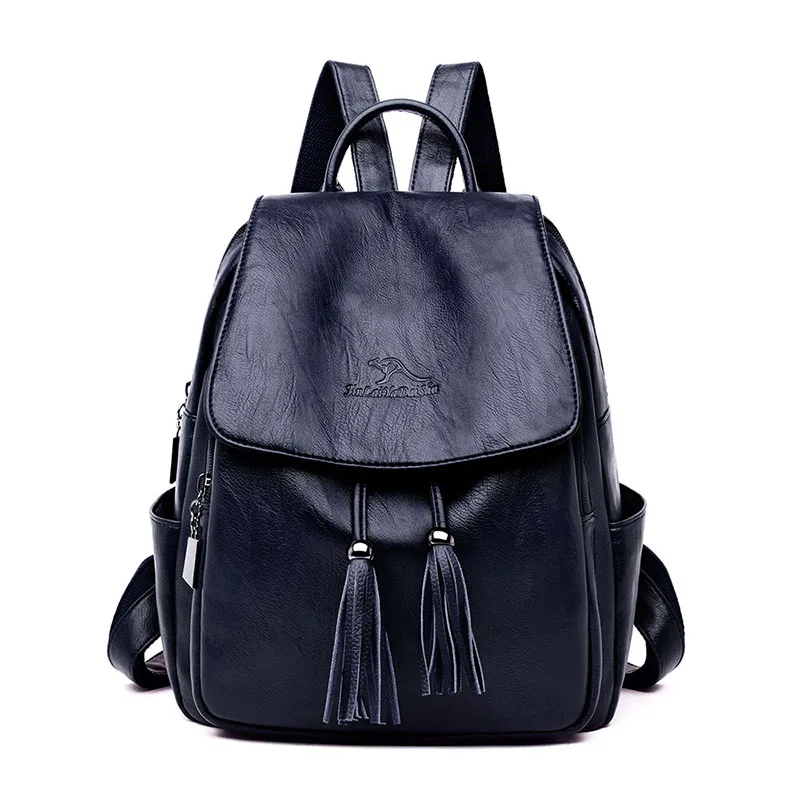Модный женский рюкзак Mochilas из овечьей кожи с кисточками, Женская дорожная сумка, рюкзаки, школьные рюкзаки для девочек-подростков - Цвет: Blue