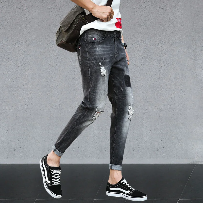 

Spring summer 2020 Fashion hip hop men's grey denim skinny jeans men stretch hole striped ankle length pants men's slim trousers
