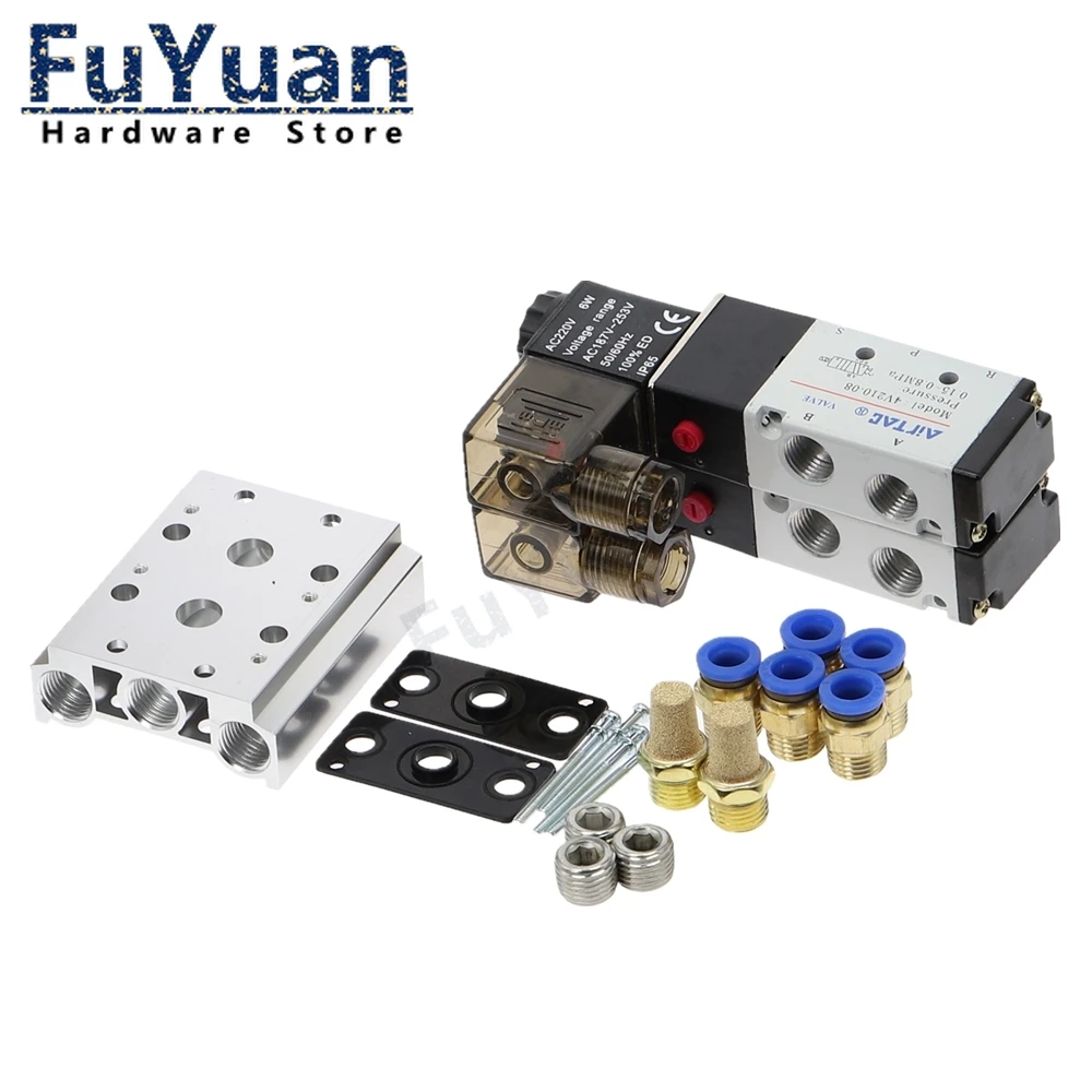 4V210 08 DC24V 2 позиции 10 Way Quad Соленоидный клапан алюминиевое основание фитинг
