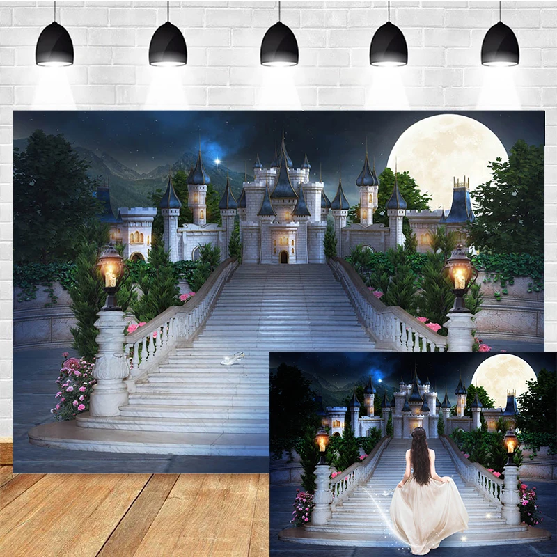 

Mocsicka Castle Theme Background Black Moon Stairs Photo Background Decoration Child Portrait Photography Backdrop Banner