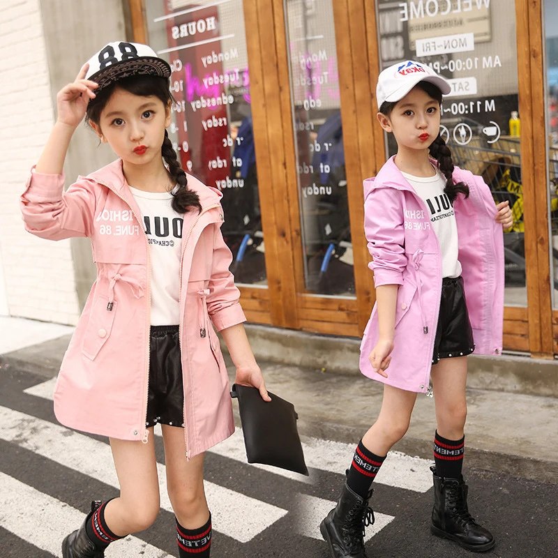 

Girls Casual Trench Coat Teenagers Hooded Cotton Cardigan Jacket Students School Outerwear Princess Spring Windbreaker Cloaks