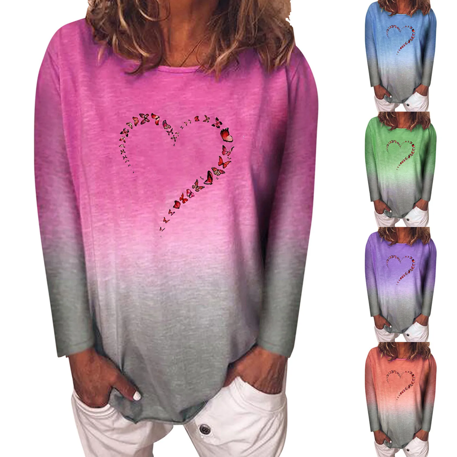 

Women Fashion Casual Round Neck Long Sleeve Casual Printed T-Shirt Blouse Butterflys Combination Heart Solid Color Shirt