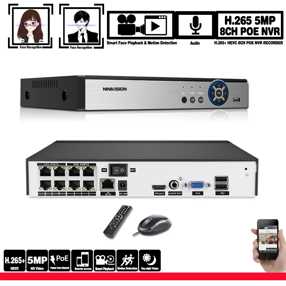 Ultra HD 8CH POE NVR ONVIF H.265 3 5 мм аудиовыход видеорегистратор для 720p 1080p 4 МП Мп IP