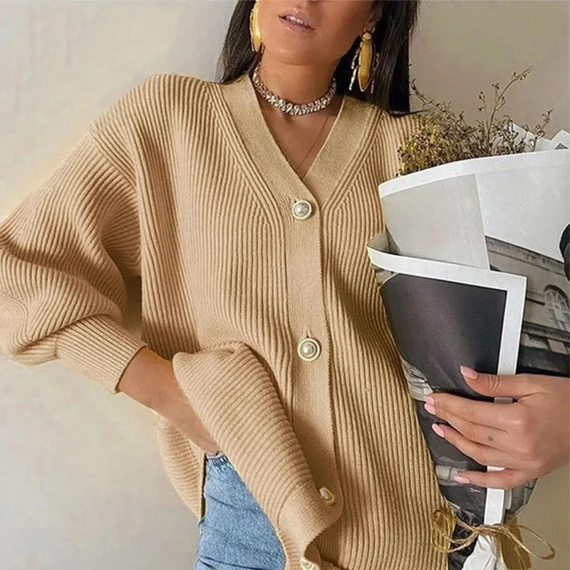 

Autumn Women Fashion Long Sleeve Solid Knitted Sweaters Outerwear 2021 New Winter Casual V-Neck Single-Breasted Cardigan Ladies