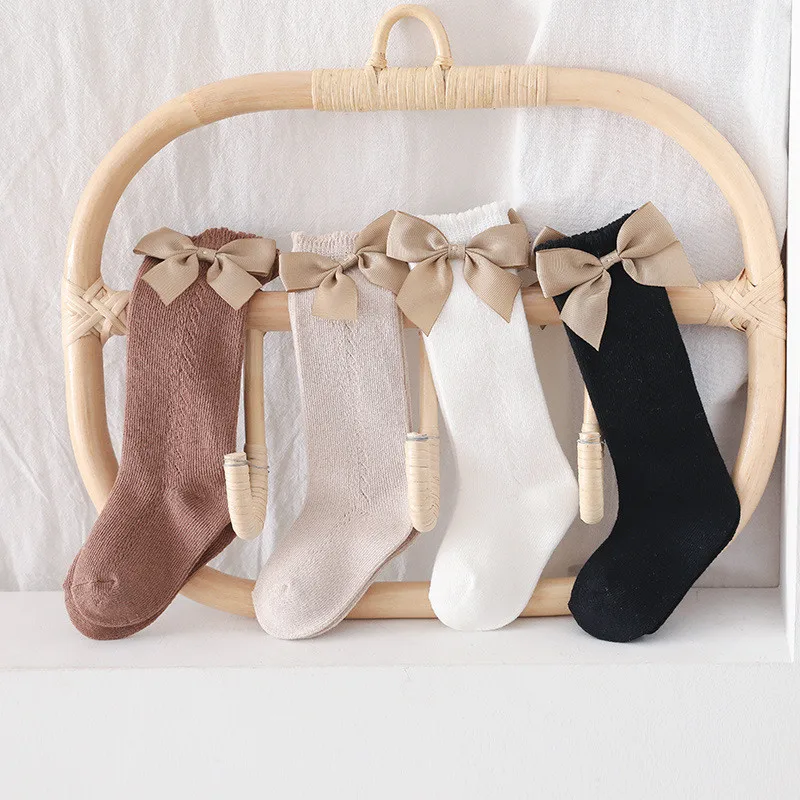 Cute Girl Knee High Socks Cotton Breathable Soft Children Solid Big Bow Baby Girls Infant Princess Long 1-6Years | Детская одежда и