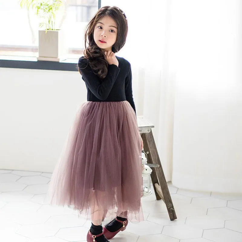 Girls Spring Dress Solid Color Long Sleeve Dresses for Party Show Kids Patchwork Mesh Dress Princess Ball Gown Children Clothing
