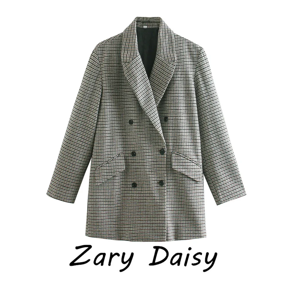 

Zary Daisy's new women's fashion temperament design double-breasted woolen plaid blazer