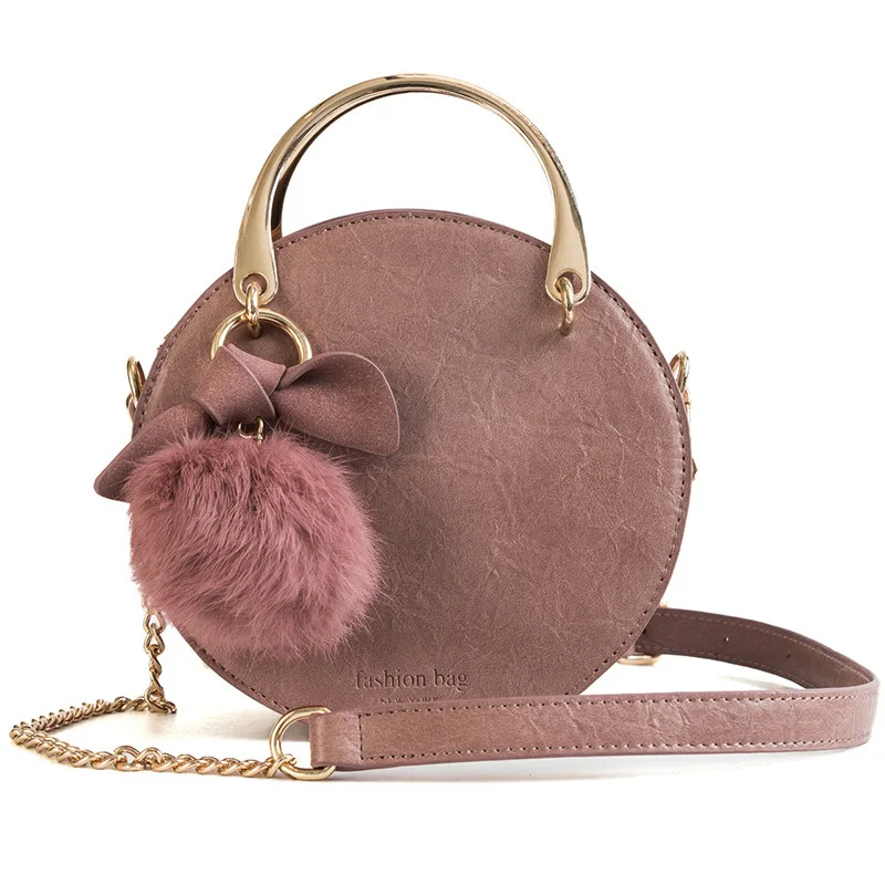 Круглые Кожаные сумки через плечо маленькие с меховым помпоном модные вечерние