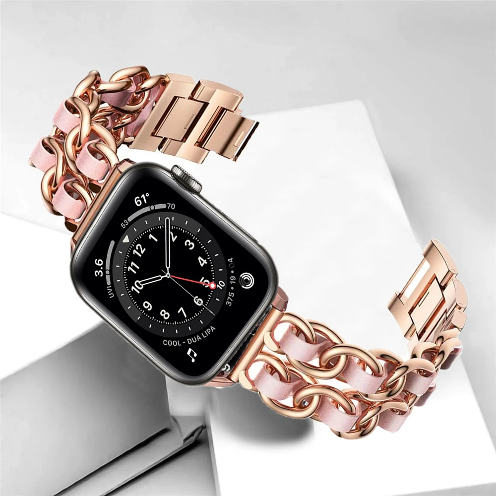 Link Bracelet for apple watch 6 se 40mm 44mm strap Dressy Fancy Stainless Steel band Leather Loop for iwatch 5 4 3 38mm 42mm