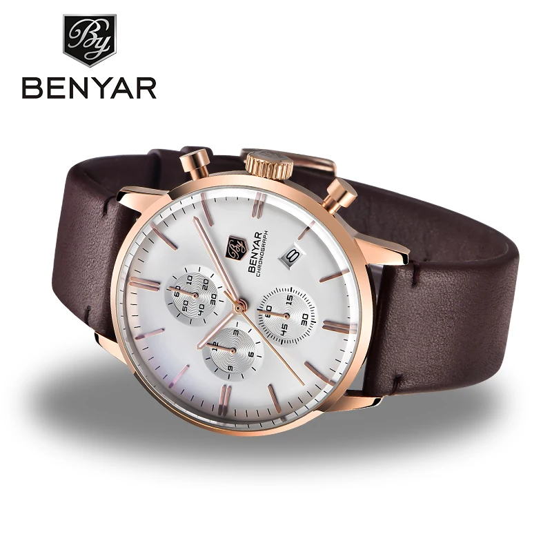 BENYAR Men's Watches Top Luxury Brand Gold Quartz Men Watch Chronograph Men Waterproof Leather Fashion Clock Relogio Masculino
