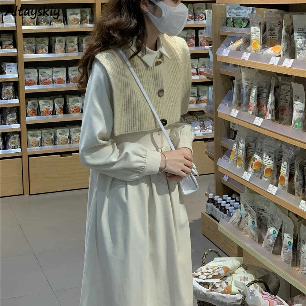 

Women Sets Solid Long Sleeve Dress Sweet Elegant High Waist Casual French Retro Ladies Knitted Vest Preppy Fashion 2 Pecs Casual