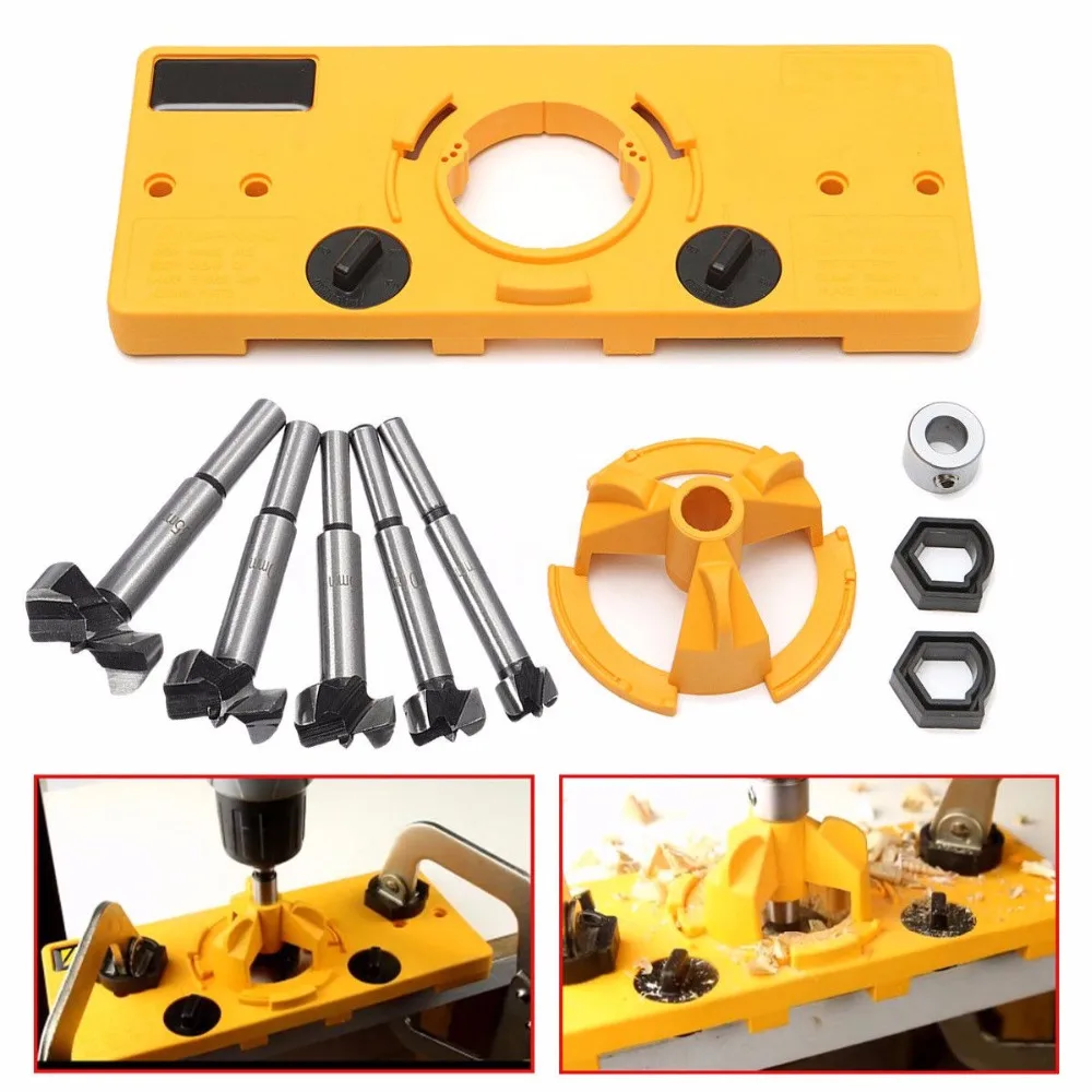 B 1set with 5 drill Скрытая 35 мм чашка стиль шарнир джиг расточные отверстия сверла направляющая+ Форстнер бит резак древесины плотник Деревообработка DIY Инструменты - Цвет: B 1set with 5 drill