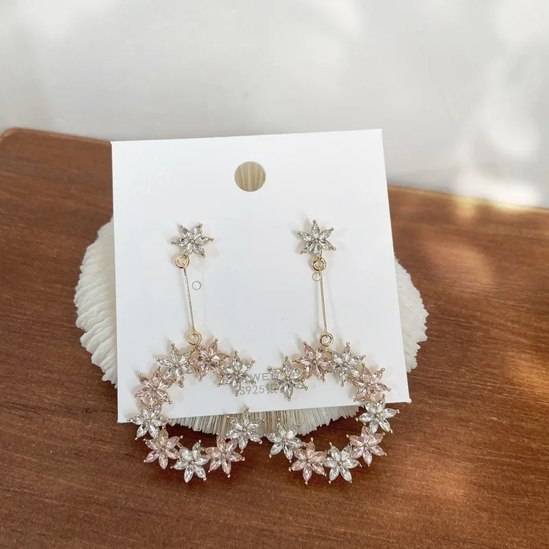 

New Korean Delicate Zircon Flower Circle Drop Earrings For Women Girls Elegant Half Round Pendientes Party Jewelry