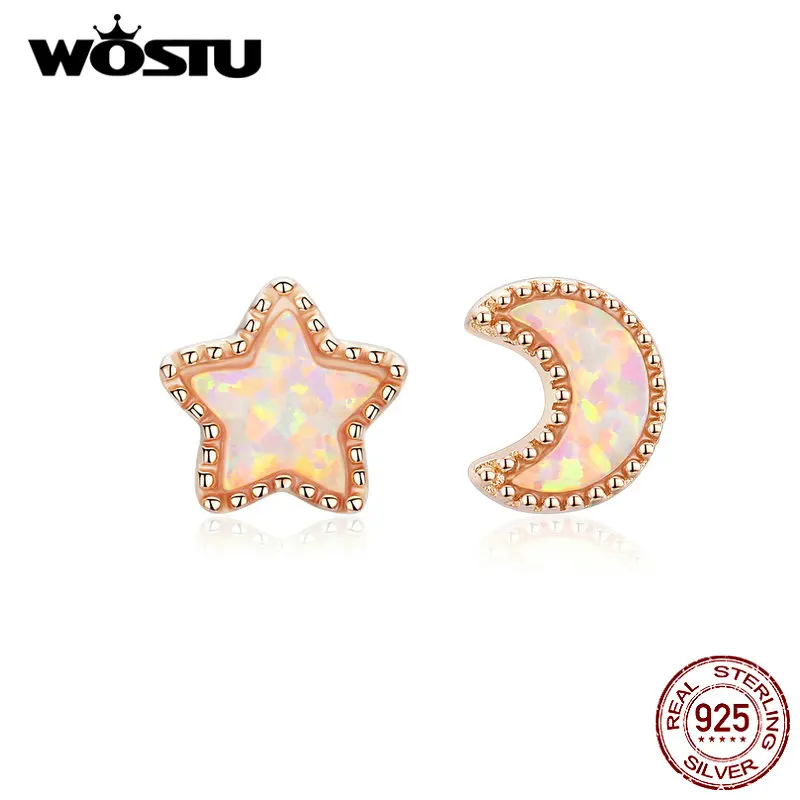 WOSTU 100% 925 пробы серебряные звезда луна серьги гвоздики для женщин розовое золото