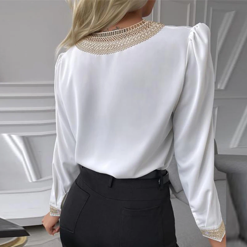 

Autumn Fashion V Neck Shirt Blouse Women Lace Patchwork Long Sleeve Casual Blouse Solid Color Office Working Female Tops 2021