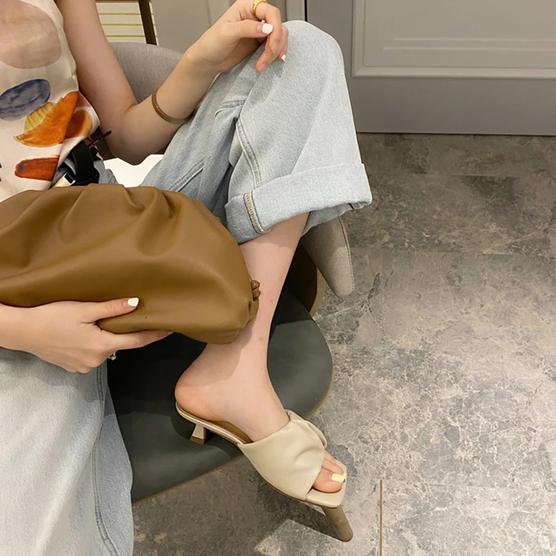 Женские кожаные сандалии MANLEGU черные шлепанцы с квадратным носком на высоком