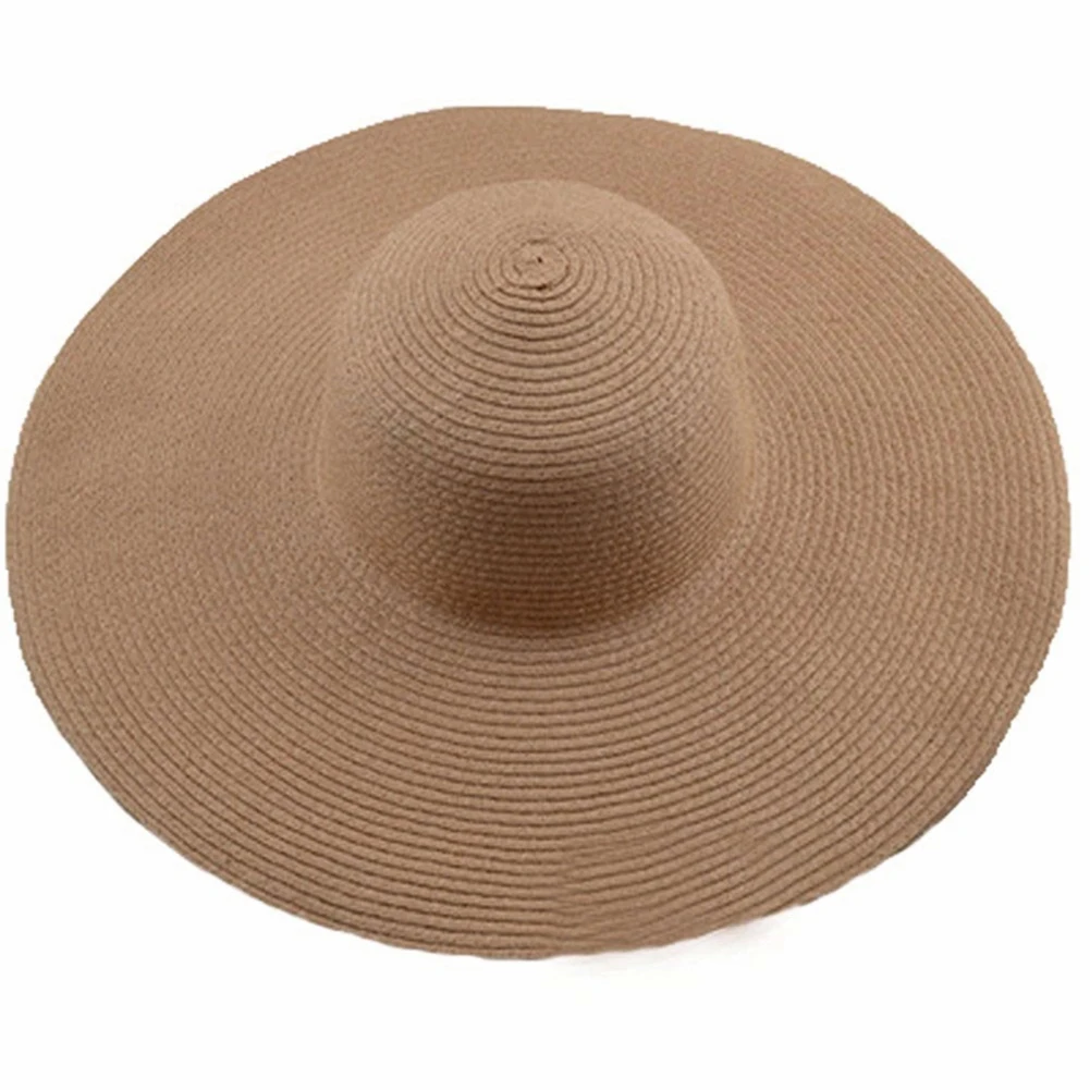 

Hawaiian Summer Breathable Beach Travel Floppy Hat Solid Color Women Wide Brim Straw Sunshade Cap