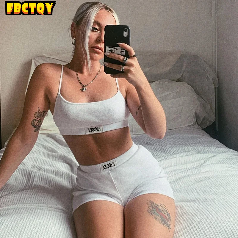 

Summer Ribber Women Set White Spaghetti Strap Crop Top And Mini Biker Shorts Embroidery Two Piece Sets Sexy Outfit Party