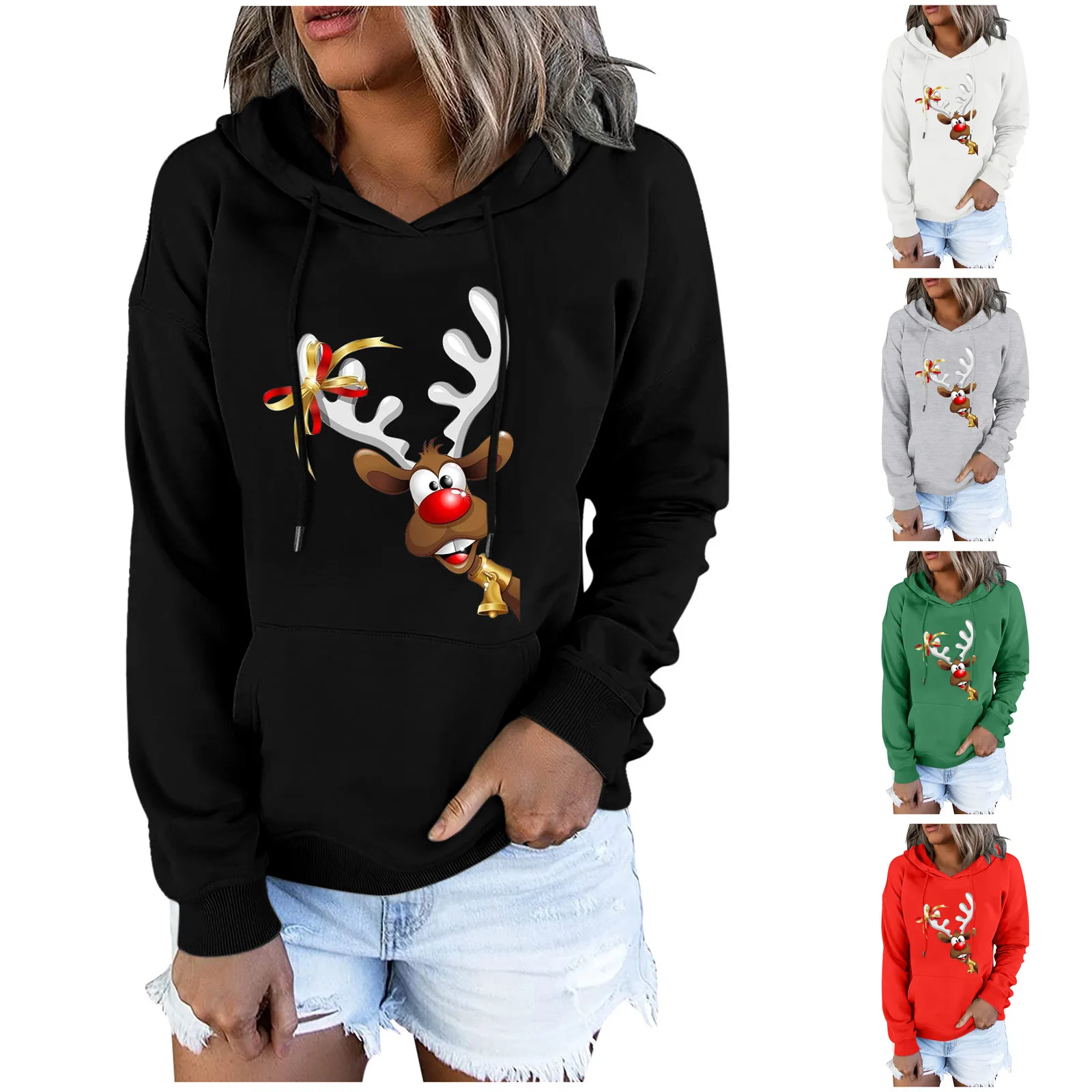

Свитшот с длинным рукавом и рождественским принтом, блузка, повседневный Женский пуловер с капюшоном и кулиской