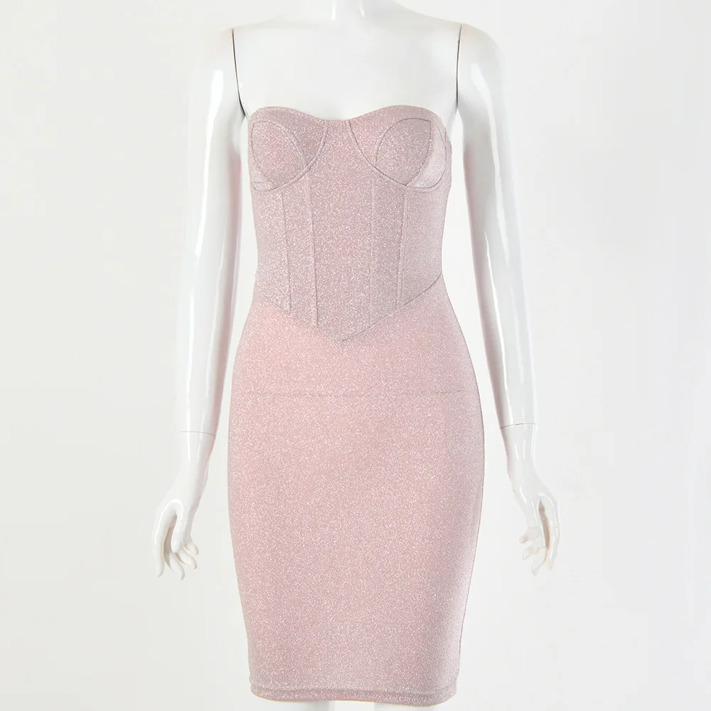 

Sexy Glitter Strapless Party Dress Elegant Off Shoulder Sleeveless Bodycon Mini Women Dress Sparkle Night Club Outfit Vestidos