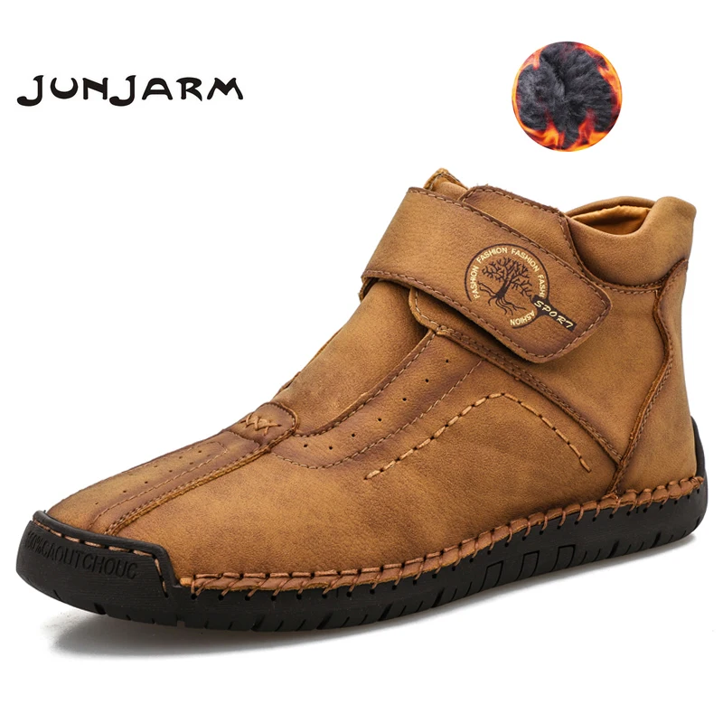 

JUNJARM Новые мужские ботинки плюшевые теплые меховые зимние ботинки высокое качество спилок ручной работы удобные зимние ботинки размера плю...