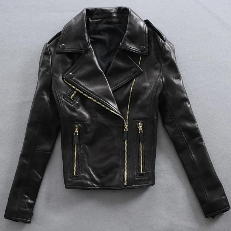 

White 100% Streetwear Real Leather Jacket Female Brand Lapel Zipper Biker Sheepskin Short Coat Luxury Spring Punk Outerwear