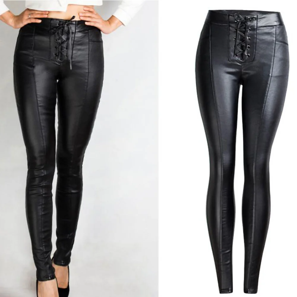 Джинсовые кожаные брюки с завышенной талией женские облегающие узкие завязками