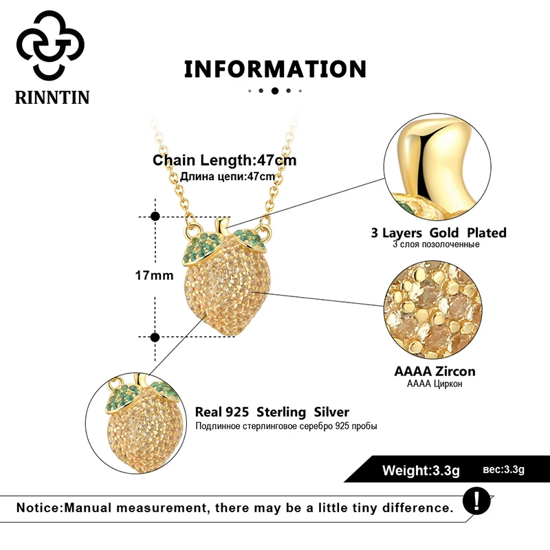

Rinntin Pure 925 Sterling Silver Necklace Lemon Shape Gold Color AAAA Zircon Clavicle Chain Pendant Accessories For Girl TEQN05