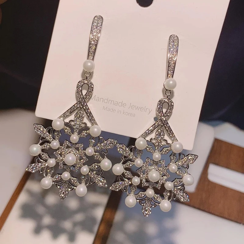 

Christmas snowflake pearl long tassel earrings 210322-05