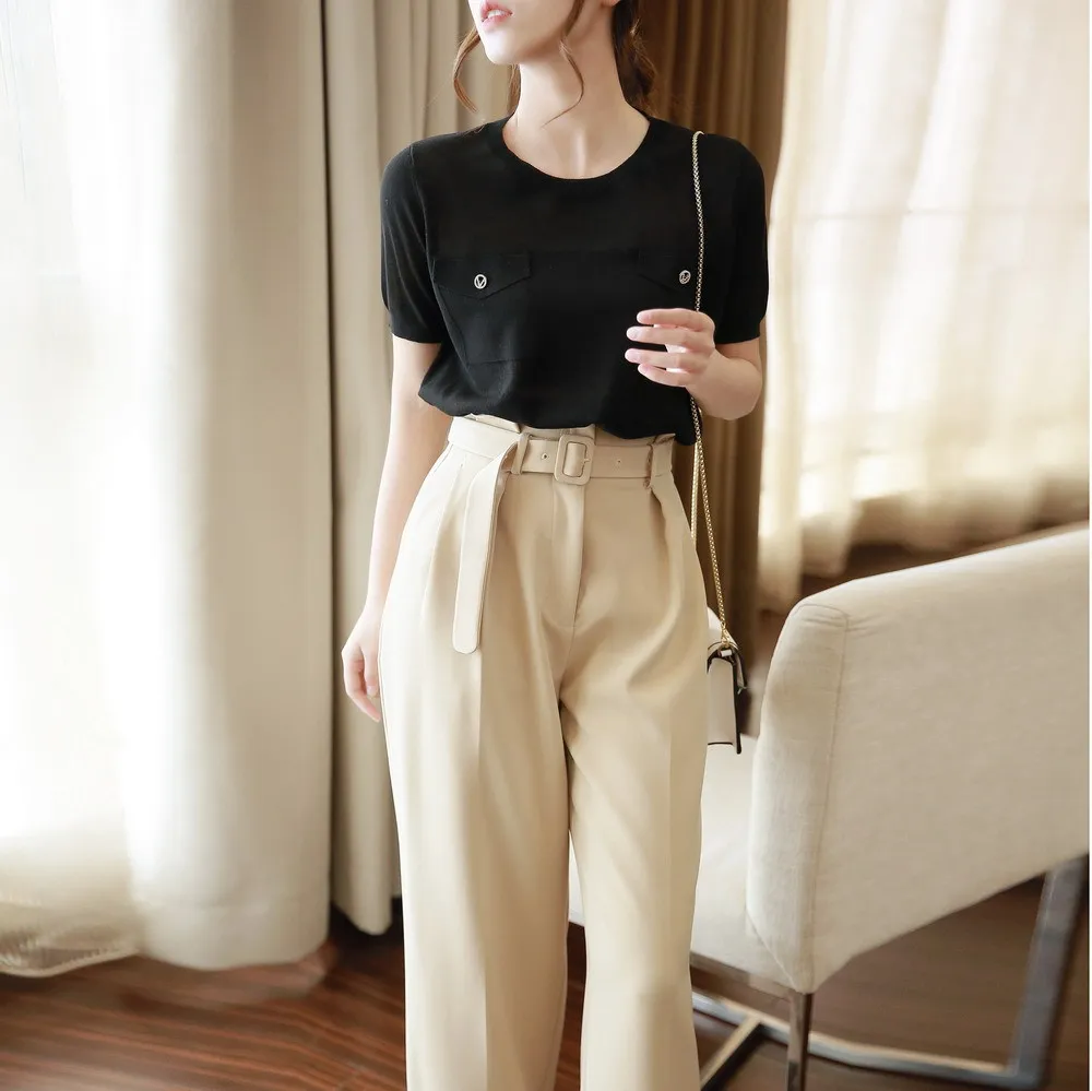 

Korean Style Knitted T Shirt Women Fashion Casual Short Sleeve Pocket Black Pink Tshirts Chemise Femme Tops Mujer Verano 2020