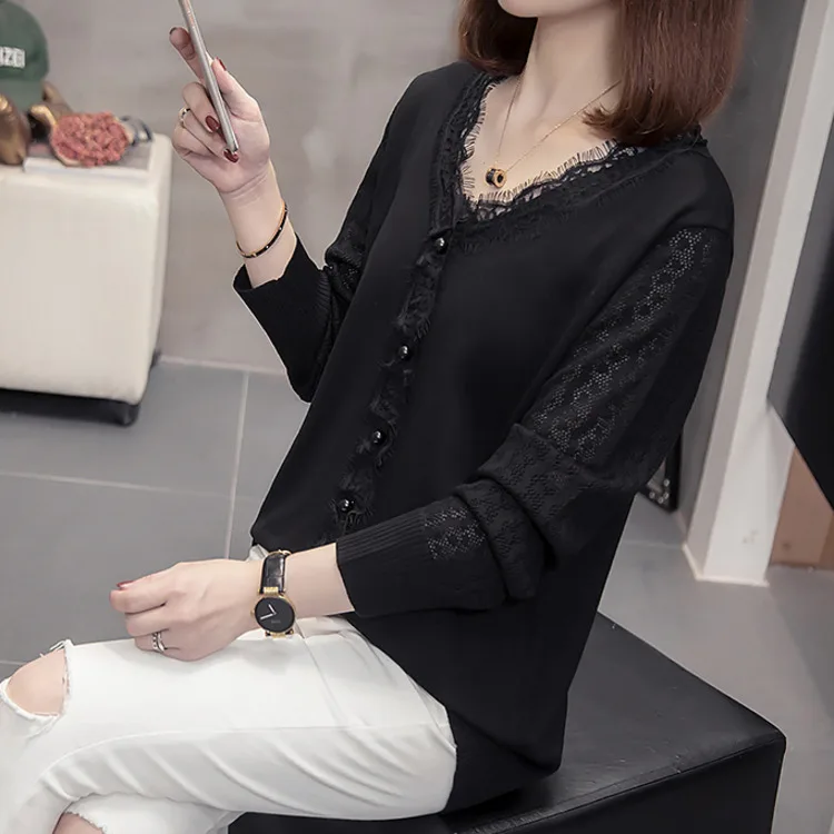 Nkandby V Neck Knitted Pullovers Sweaters Women Autumn Trendy Loose Lace Trim Korean Female Jumpers Bead Knit Tops | Женская одежда