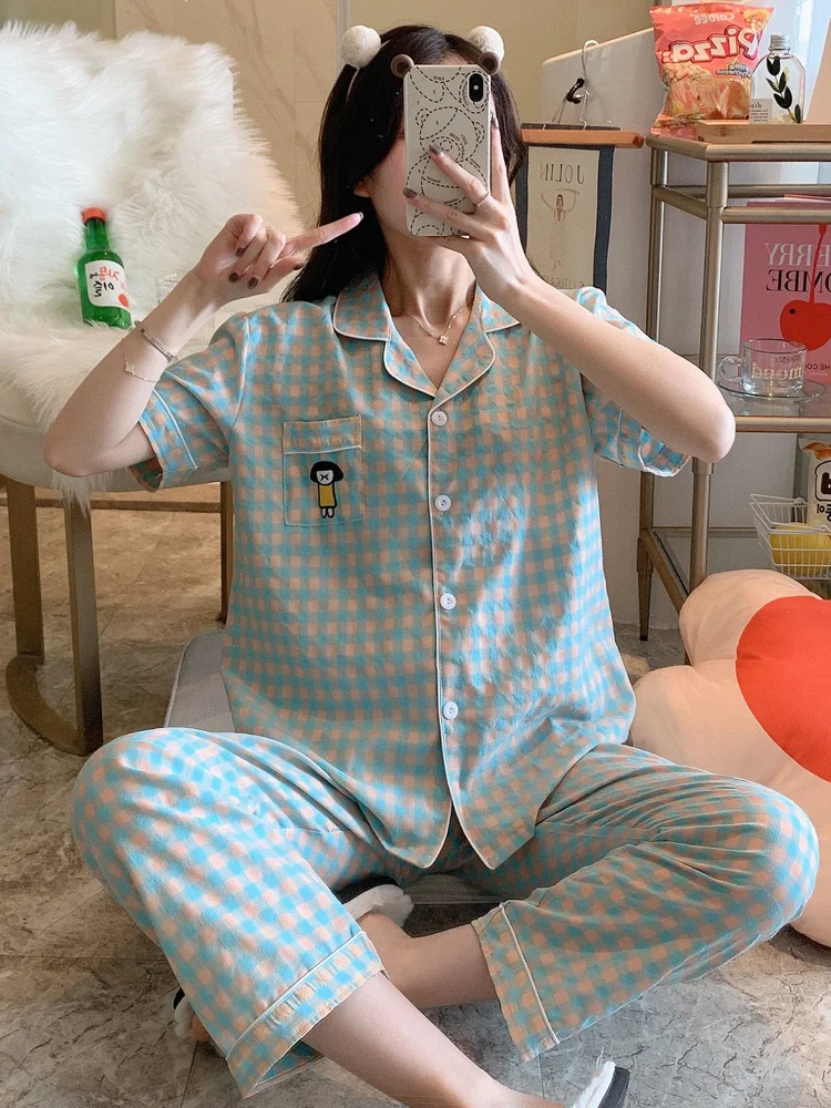 

Pajama Girl 2021 New Pure Cotton Short Sleeved Trousers Net Red Home Suit Lovely Cardigan Summer Day