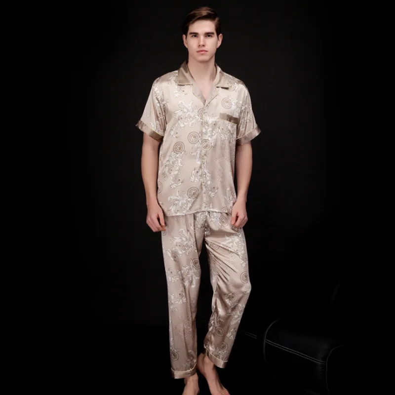 Шелковая пижама для мужчин, брюки с коротким рукавом, комплект из двух предметов, кардиган из искусственного шелка с принтом, Мужская одежда... от AliExpress WW