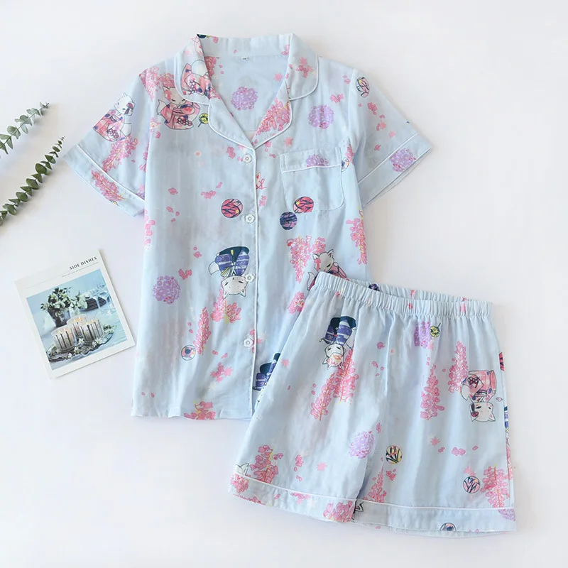100% Cotton Pyjamas Women Short Sleeves Shorts Pajama Sets Ladies Cute Cartoon Print Japanese Simple Sleepwear Homewear Pijamas | Женская