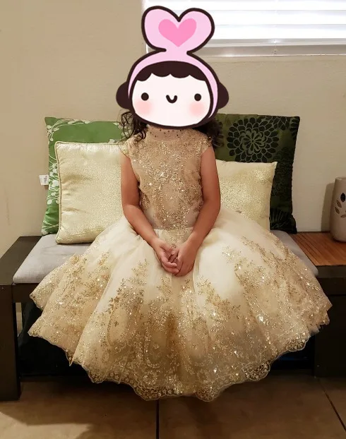 Golden Sequin Lace Girl Wedding Dress Long Flower Girl Dress Princess Party First Communion Gown Baby Girl Baptism Pageant Gown