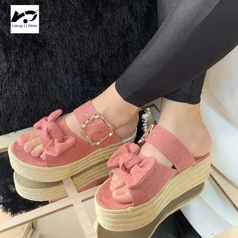 

2020 Summer Hot Girls Sandals Buckle Platform Hemp Rope Large Bow Slipper wedges shoes for women platform sandals