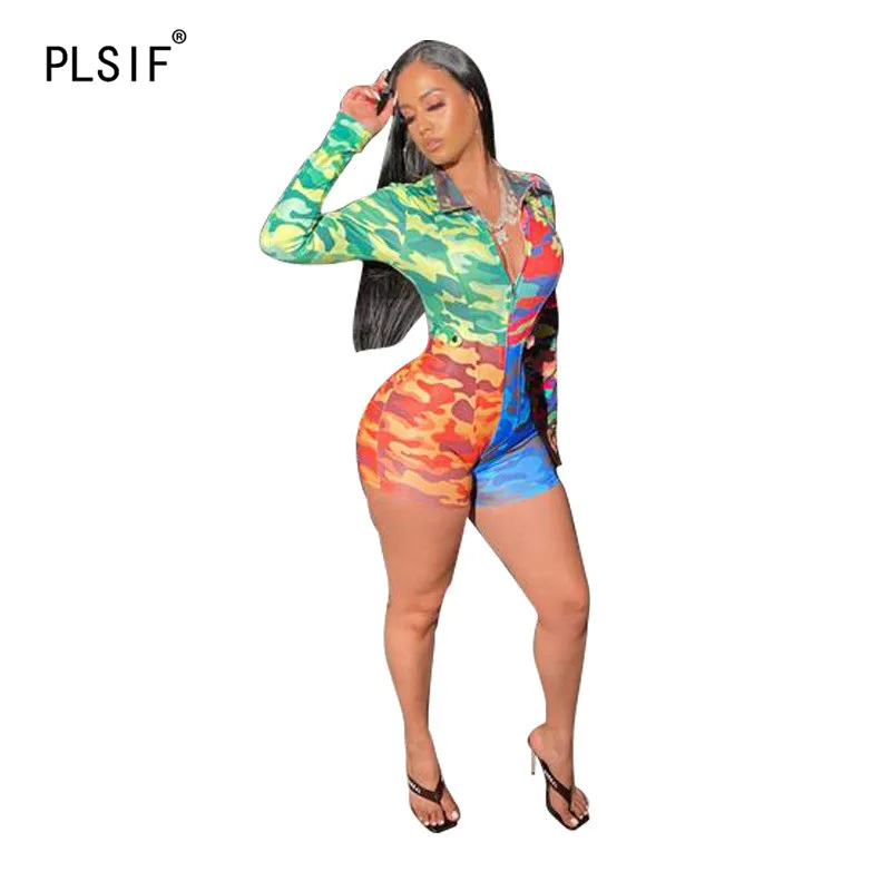 Fashion rainbow camouflage print lady playsuits turn-down collar long sleeve sexy overall club shorts | Женская одежда