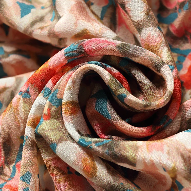 

Prairie Chic Women Summer Dresses Elegant V-neck Short Flare Sleeve Elastic High Waist 100% Real Silk Lady Printed A-line Dress